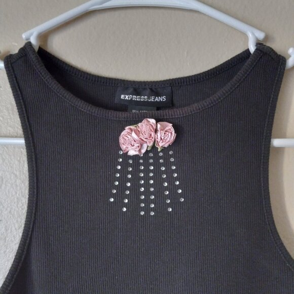 EXPRESS Olive Green Tank with Pink Roses and Sequins Women's S - Picture 2 of 4